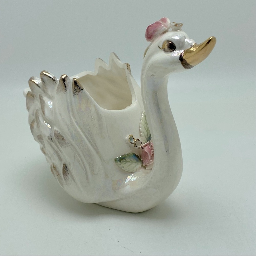 Vintage Norcrest Porcelain Iridescent Lusterware Princess Swan Planter